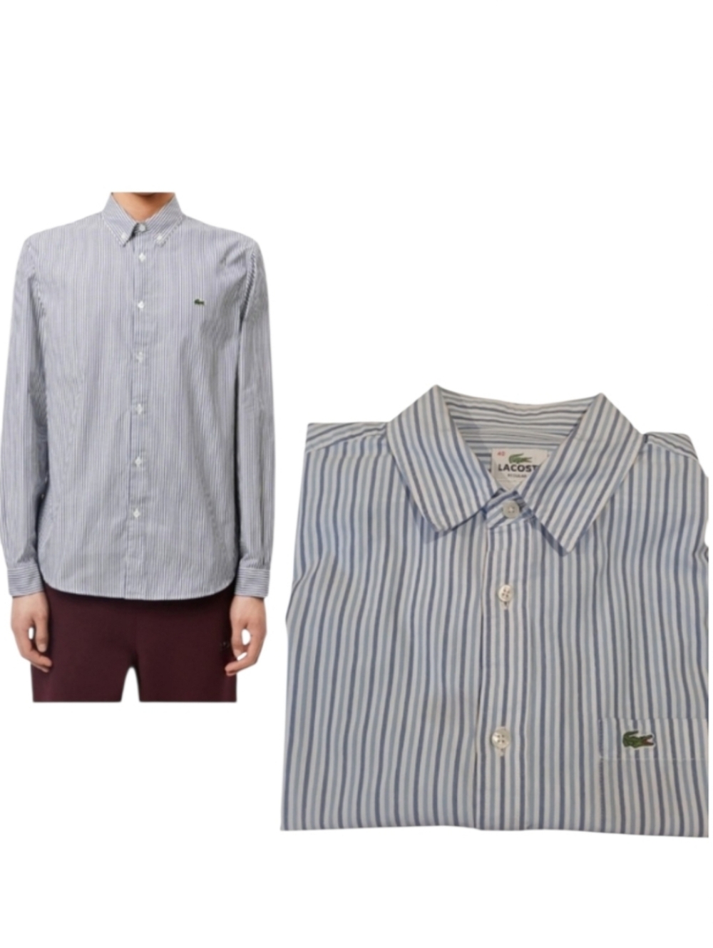 Lacoste Regular Fit Striped Cotton Button Down Shirt Blue White Men’s Sz 40 M